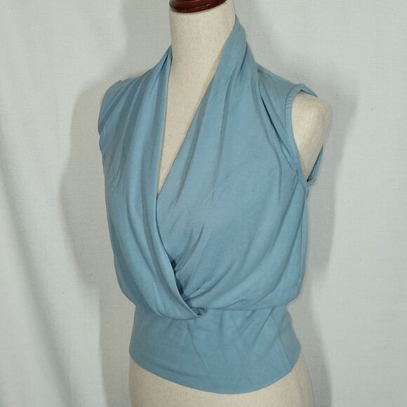 OGL Eco-Mousse Soft Stretchy Surplice Wrap Look Sleeveless Top Blue Size Medium - Picture 10 of 10